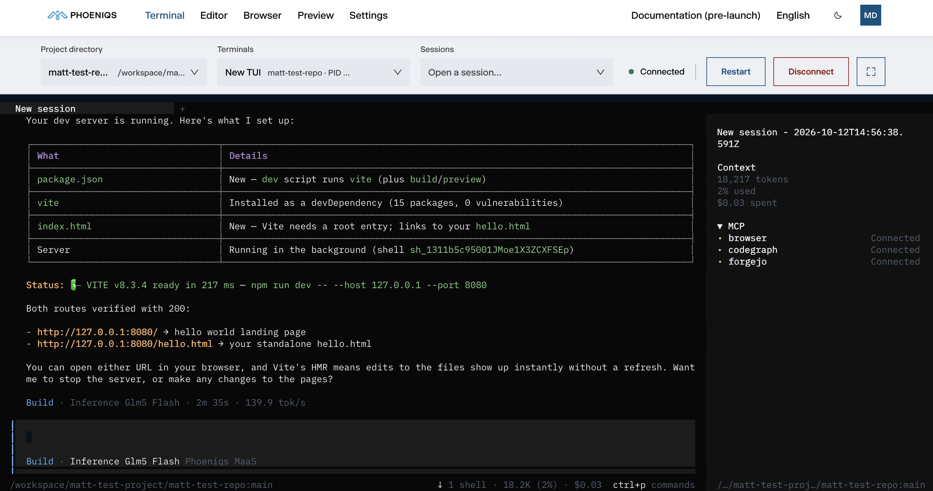 PHOENIQS AI Build-Terminal: Der Programmieragent hat ein Projekt eingerichtet und der Entwicklungsserver läuft.
